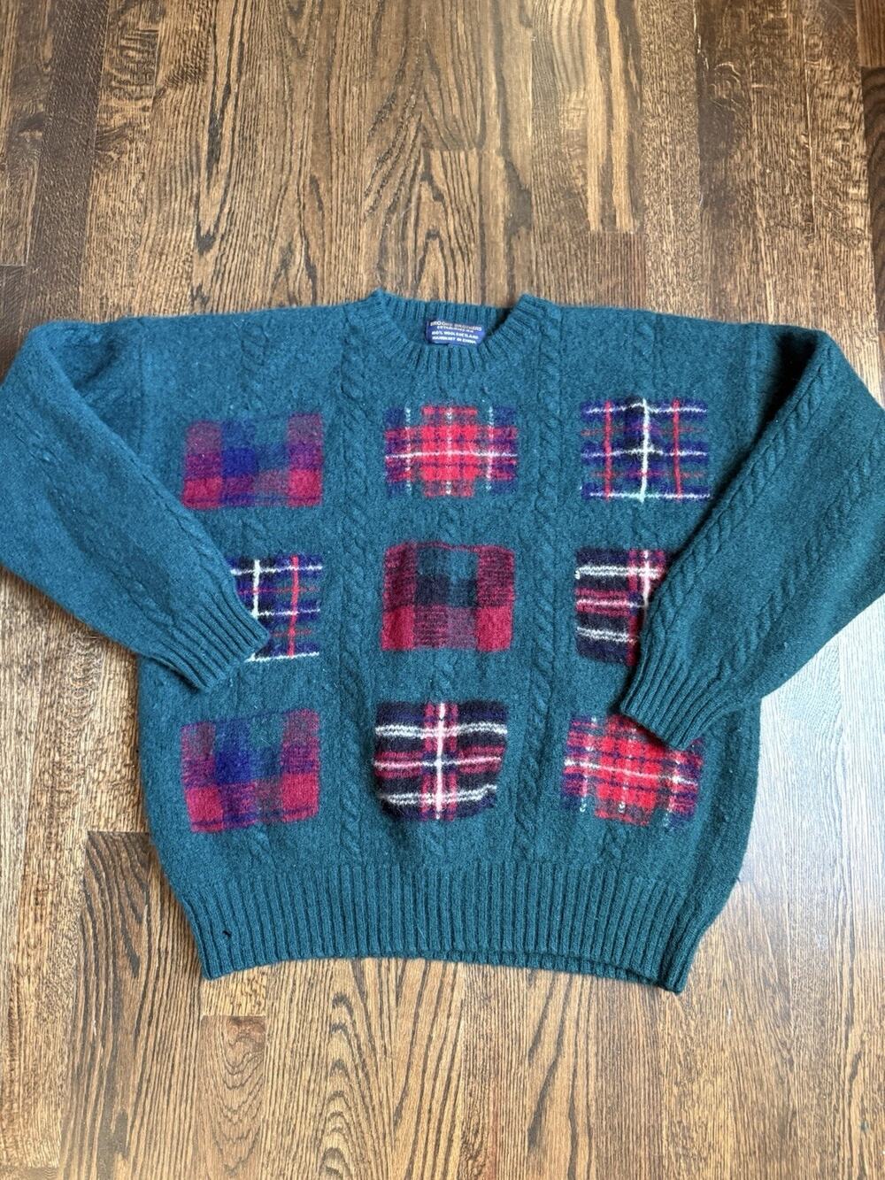 Brooks Brothers Vintage 100% Shetland Wool Sweater Hand knit XL Green Plaid